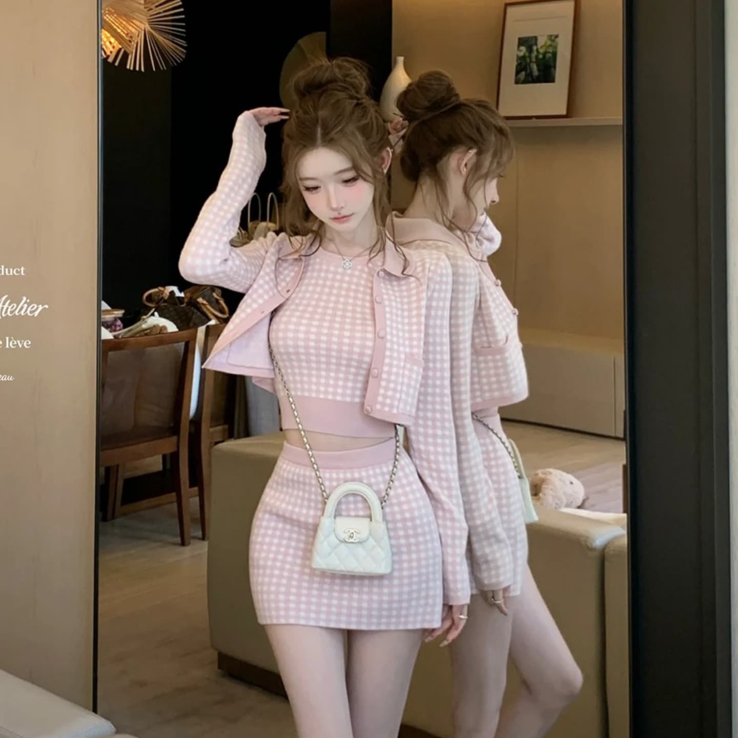 2026 년 가을 겨울 바다 소금 향기로운 노래 주간 실크 양 털이 푸른 그리드 분말 그리드 오픈 가디건 조끼 반 스커트 3종 세트 그룹