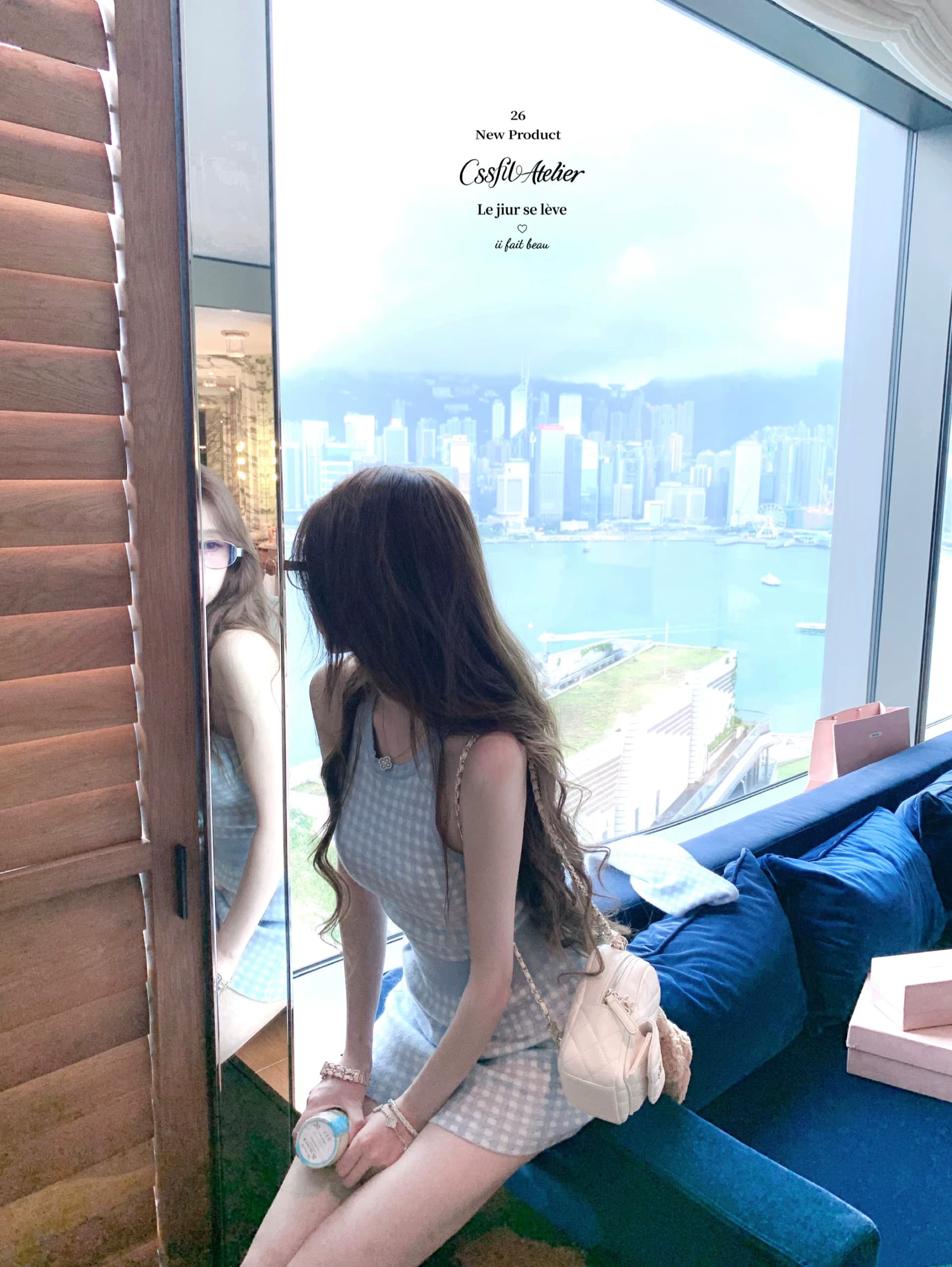2026 년 가을 겨울 바다 소금 향기로운 노래 주간 실크 양 털이 푸른 그리드 분말 그리드 오픈 가디건 조끼 반 스커트 3종 세트 그룹 상세 이미지 8