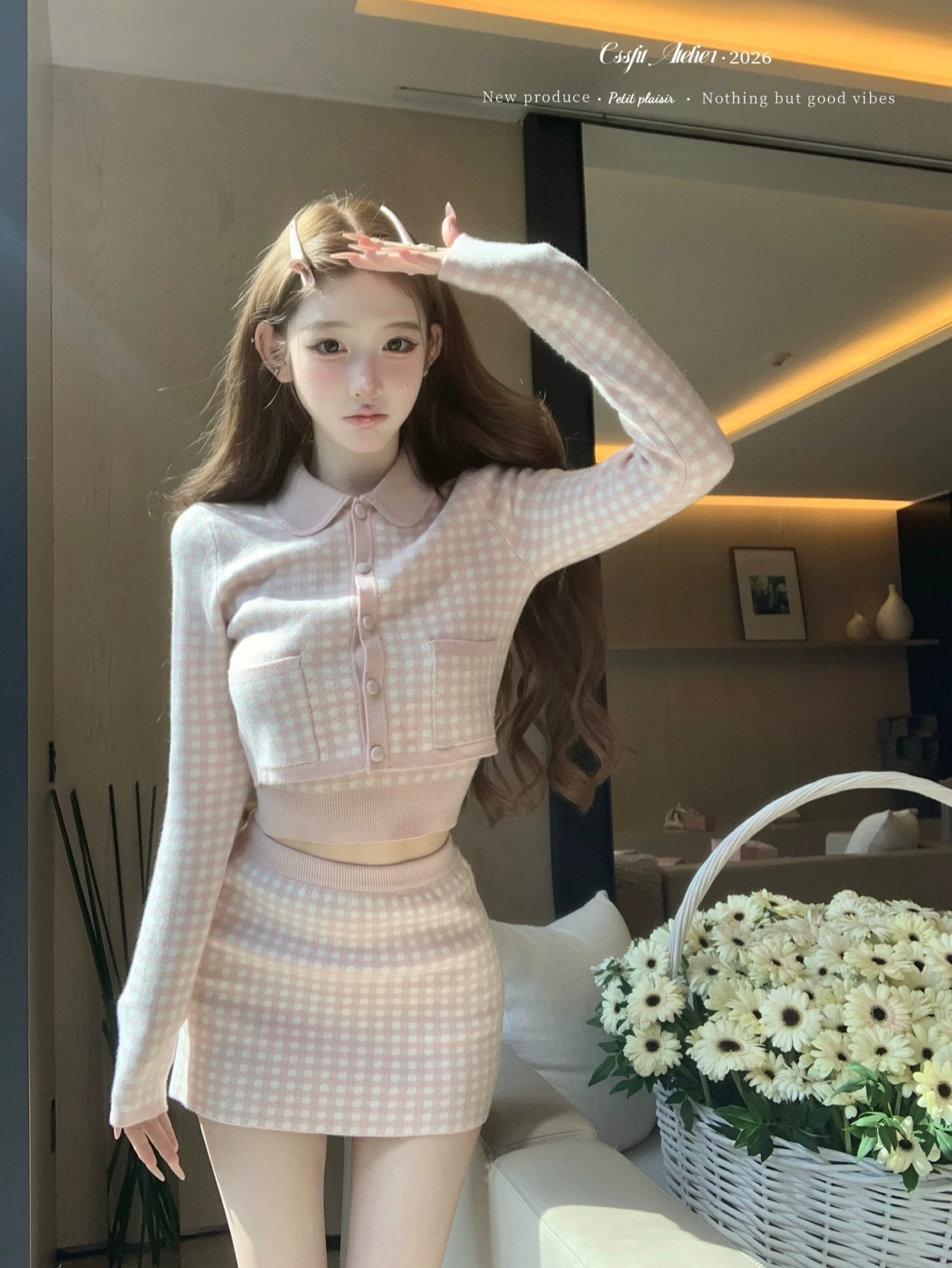 2026 년 가을 겨울 바다 소금 향기로운 노래 주간 실크 양 털이 푸른 그리드 분말 그리드 오픈 가디건 조끼 반 스커트 3종 세트 그룹 상세 이미지 12