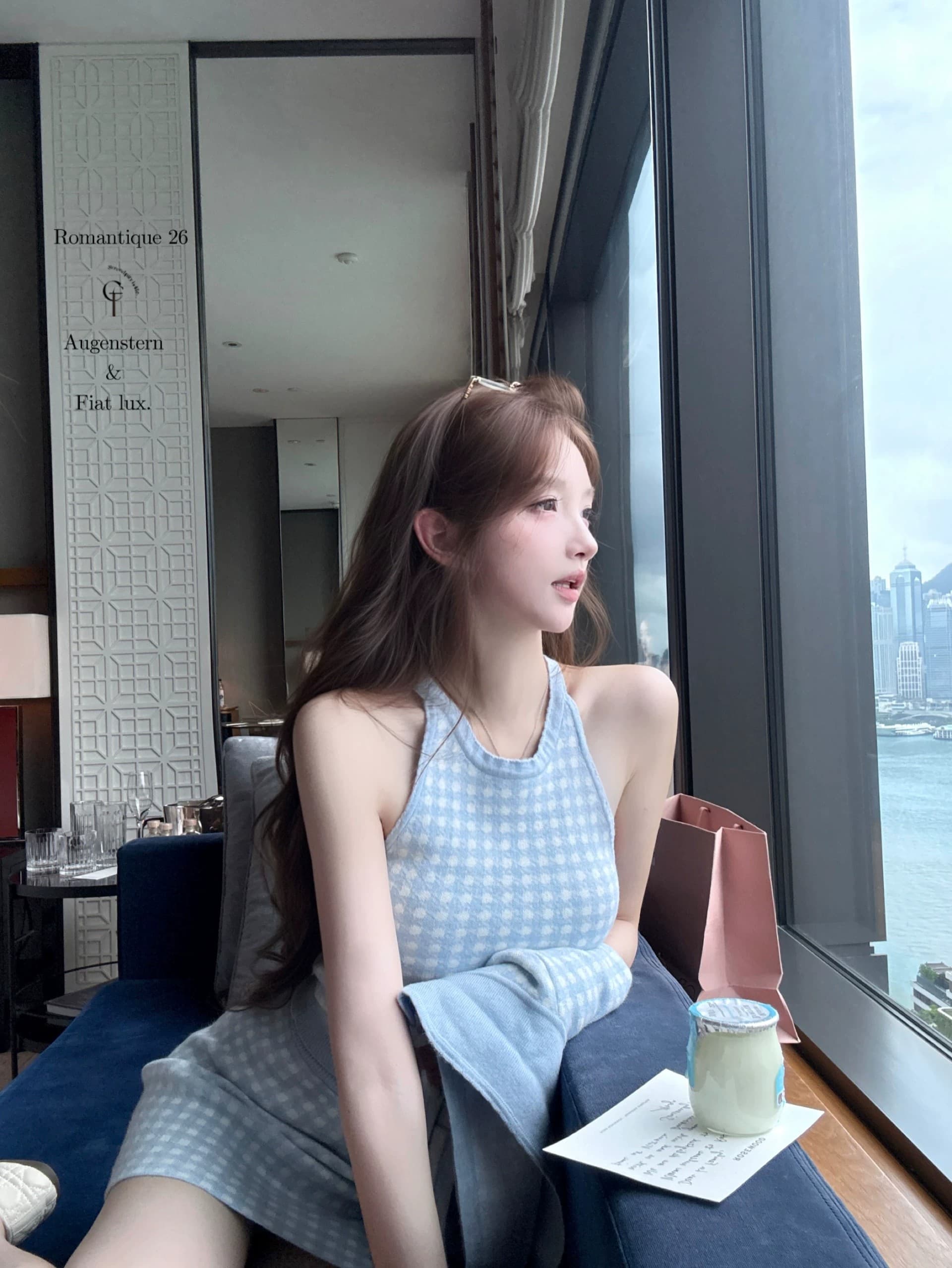 2026 년 가을 겨울 바다 소금 향기로운 노래 주간 실크 양 털이 푸른 그리드 분말 그리드 오픈 가디건 조끼 반 스커트 3종 세트 그룹 상세 이미지 20