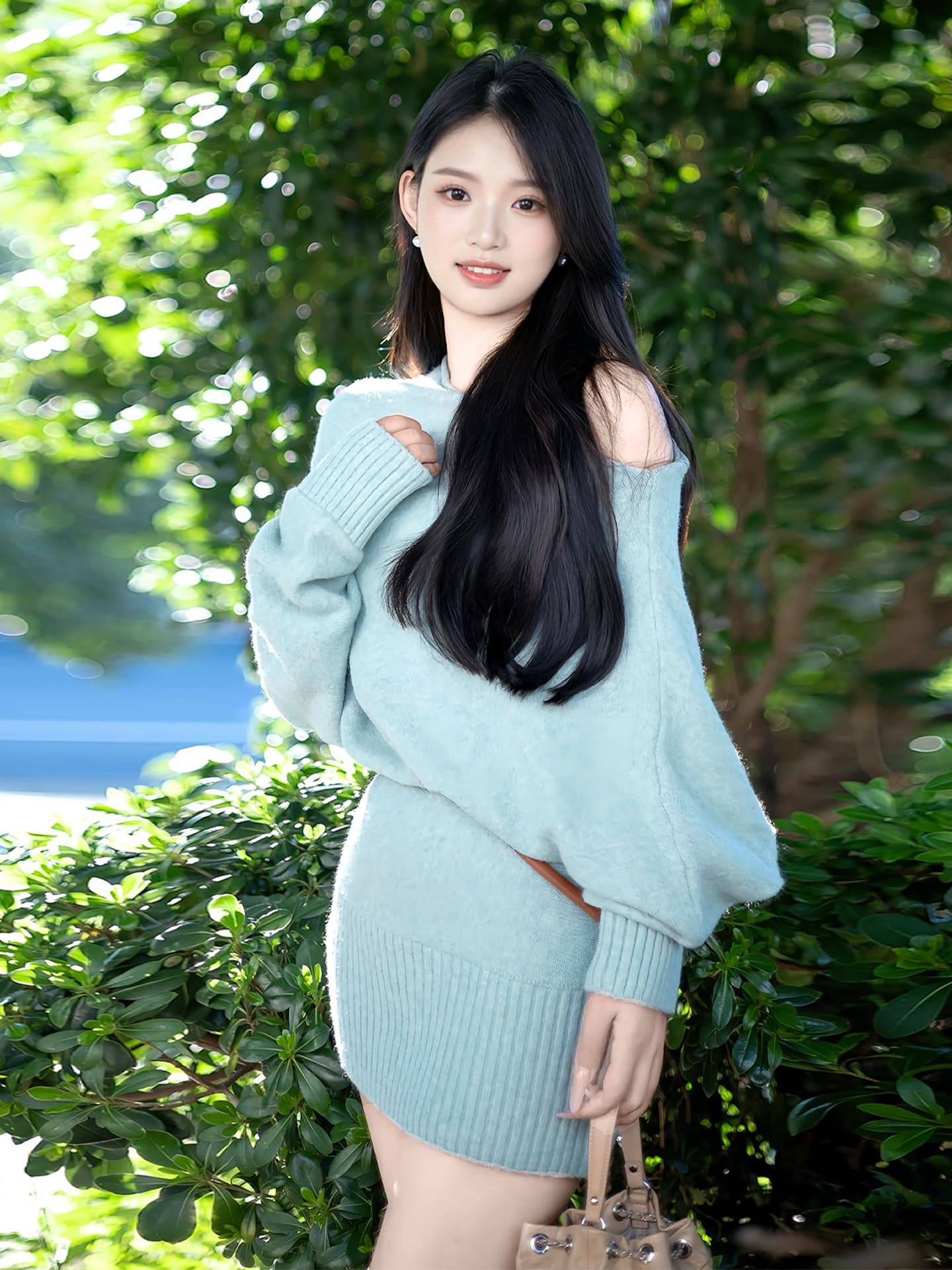 한국 라이 그램 음과 파란색 보트넥 비스듬한 어깨 니트 스웨터 드레스 작은 키 심장 기계 나이트 클럽 ol 초단 스커트 이미지 3