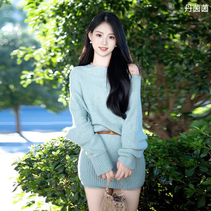 한국 라이 그램 음과 파란색 보트넥 비스듬한 어깨 니트 스웨터 드레스 작은 키 심장 기계 나이트 클럽 ol 초단 스커트 이미지 4