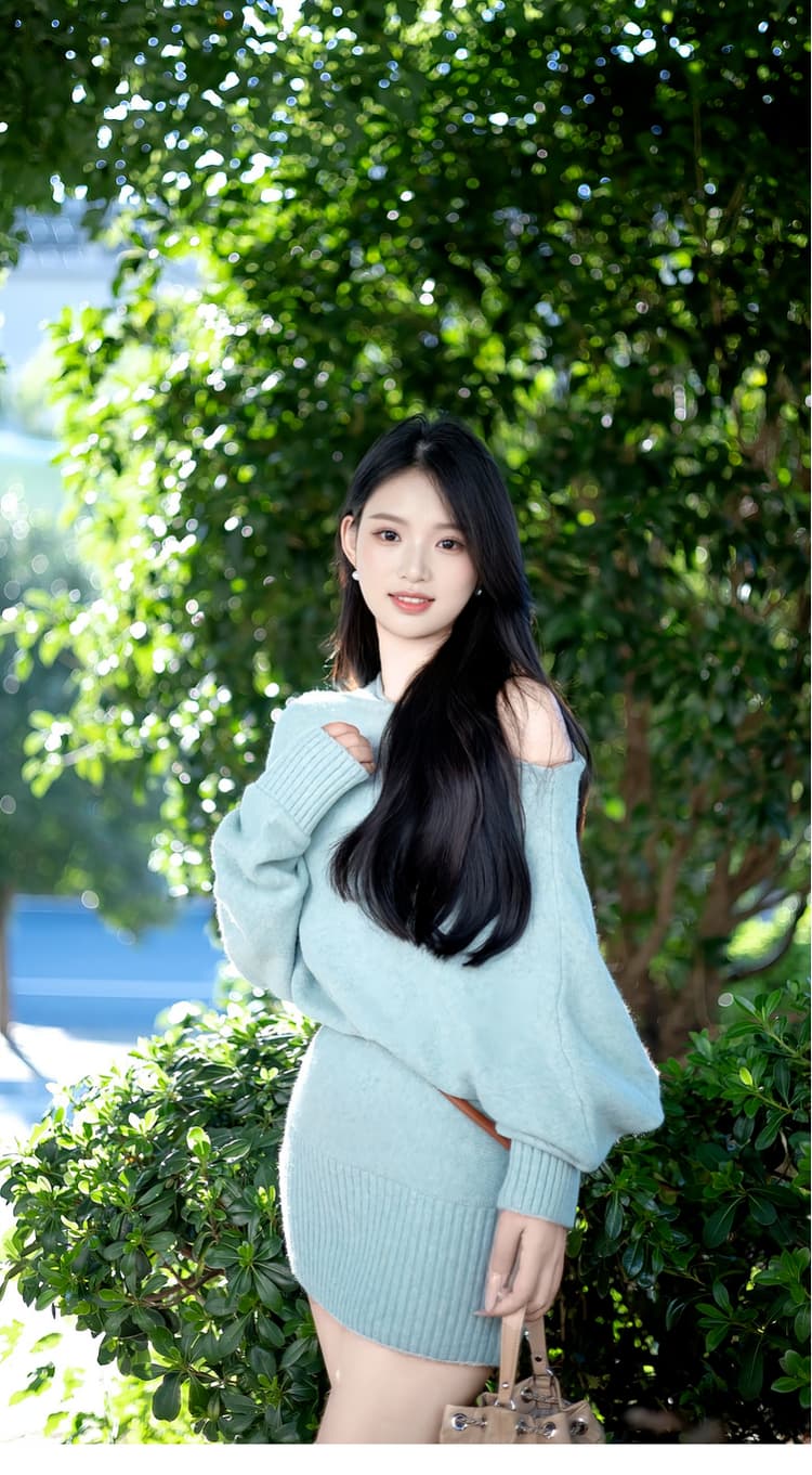 한국 라이 그램 음과 파란색 보트넥 비스듬한 어깨 니트 스웨터 드레스 작은 키 심장 기계 나이트 클럽 ol 초단 스커트 상세 이미지 2