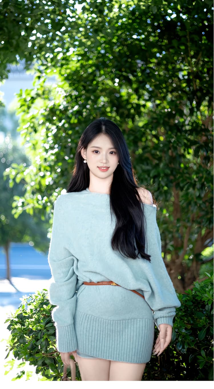 한국 라이 그램 음과 파란색 보트넥 비스듬한 어깨 니트 스웨터 드레스 작은 키 심장 기계 나이트 클럽 ol 초단 스커트 상세 이미지 3