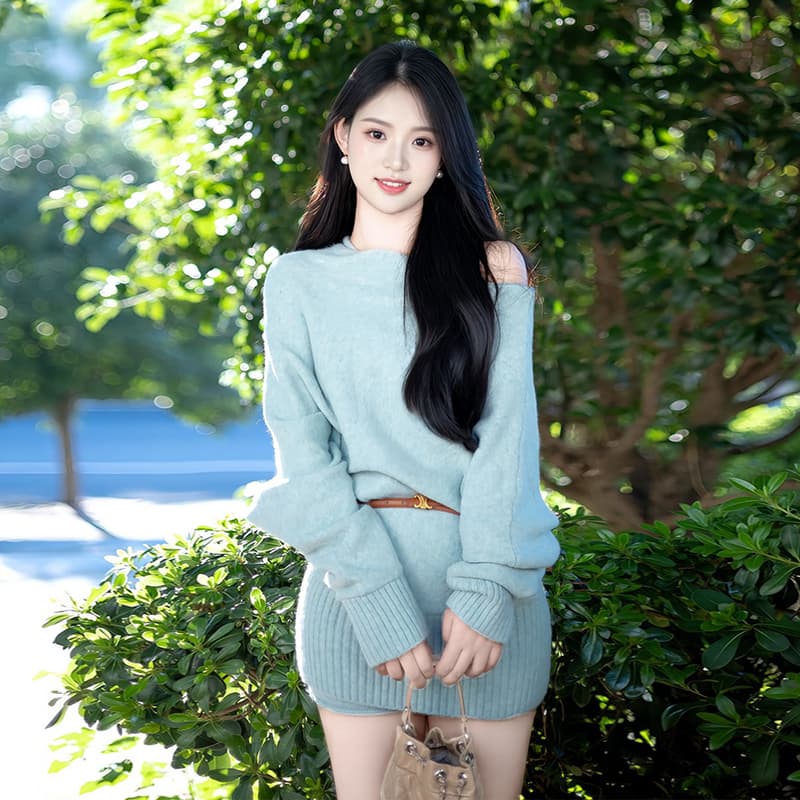 한국 라이 그램 음과 파란색 보트넥 비스듬한 어깨 니트 스웨터 드레스 작은 키 심장 기계 나이트 클럽 ol 초단 스커트 상세 이미지 5