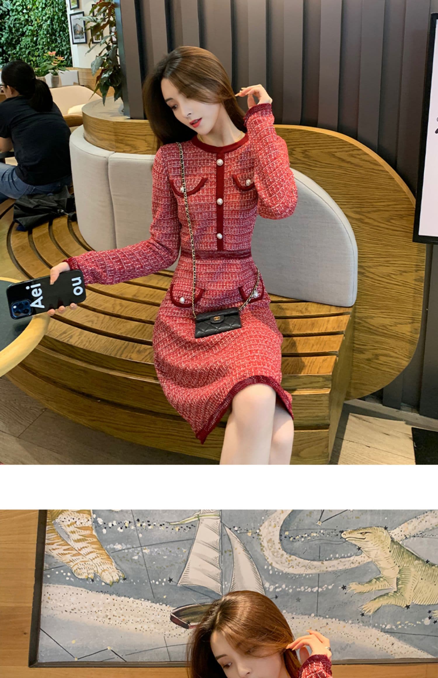 한국 작은 샤넬 스타일 고급 센스 명문 여성 품격 니트 스웨터 여성 드레스 가을 겨울 작은 키 허리 수축 타이트 스커트 상세 이미지 2