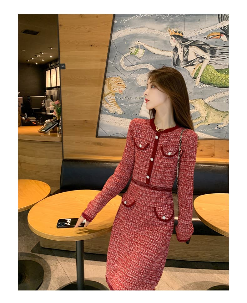 한국 작은 샤넬 스타일 고급 센스 명문 여성 품격 니트 스웨터 여성 드레스 가을 겨울 작은 키 허리 수축 타이트 스커트 상세 이미지 4