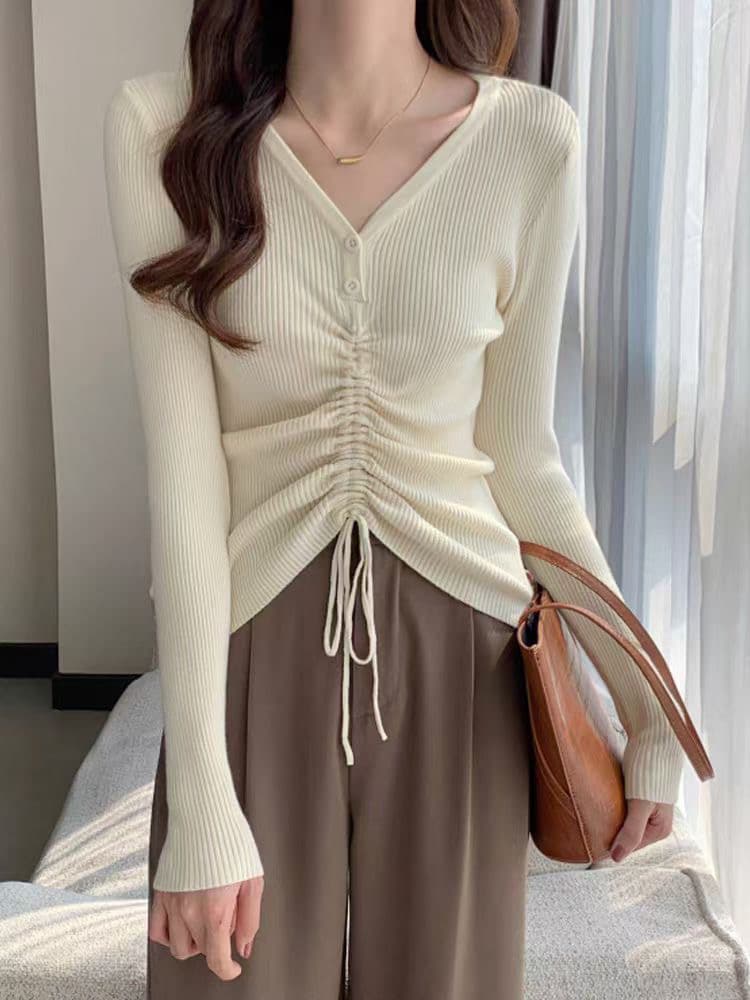 이른 가을 작은 심장 기계 V넥 섹시함 펌프 Pleat 펌프 로프 니트 맨위 여성 디자인 센스 작은 대중 긴팔 얼음 차가운 실크 상세 이미지 6