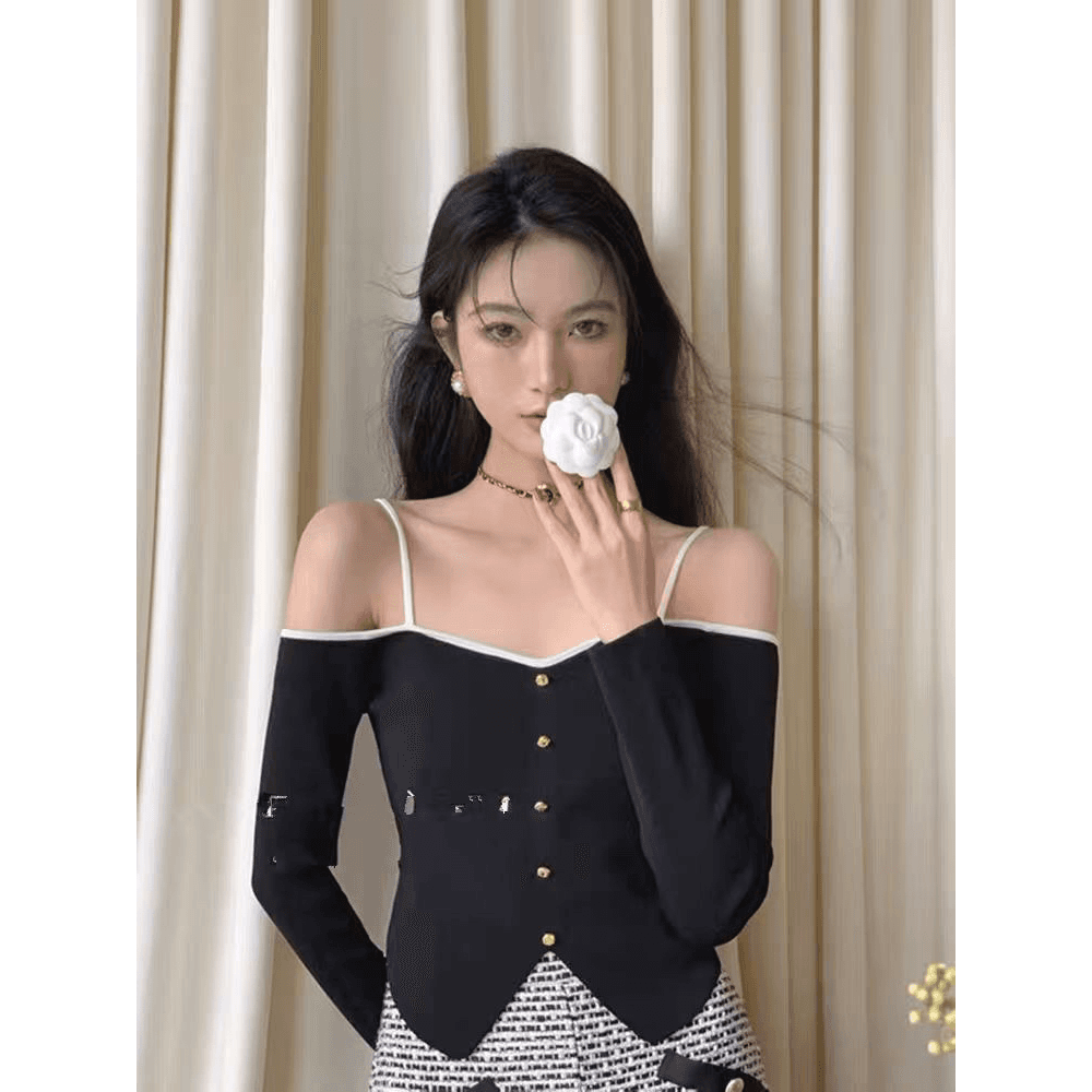 가을 새로운 디자인 센스 순수한 욕망 보트넥 오프숄더 패치워크 색상 단추 긴팔 맨위 여성 이미지 5