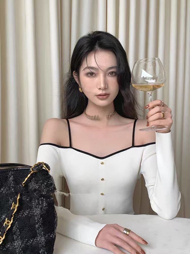 가을 새로운 디자인 센스 순수한 욕망 보트넥 오프숄더 패치워크 색상 단추 긴팔 맨위 여성 상세 이미지 1
