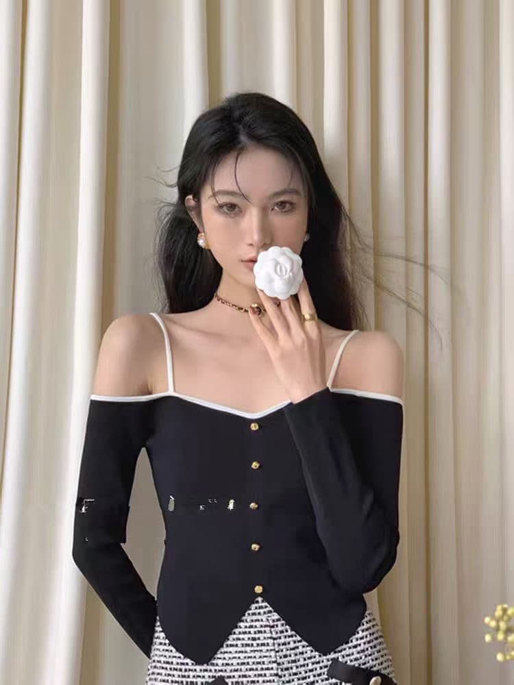 가을 새로운 디자인 센스 순수한 욕망 보트넥 오프숄더 패치워크 색상 단추 긴팔 맨위 여성 상세 이미지 2