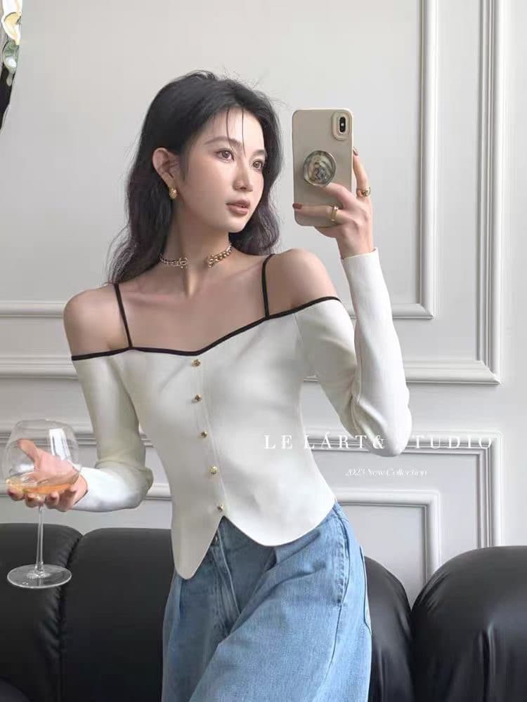 가을 새로운 디자인 센스 순수한 욕망 보트넥 오프숄더 패치워크 색상 단추 긴팔 맨위 여성 상세 이미지 3