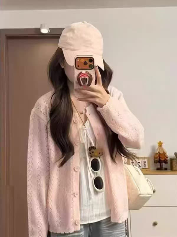 부드러운 달콤한 스타일 핑크색 홀로우 아웃 니트 오픈 가디건 여성 이른 봄 새로운 단추 재킷 작은 키 우유 부서 착용 잡아라. 의류