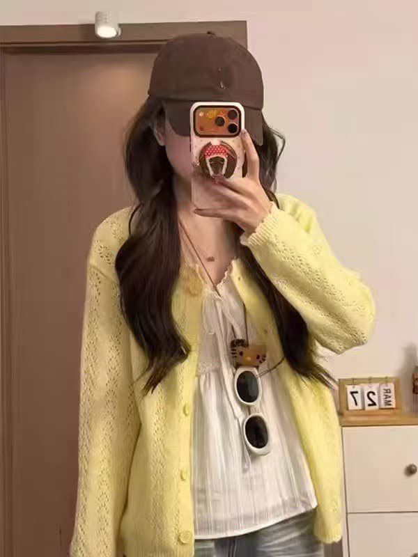 부드러운 달콤한 스타일 핑크색 홀로우 아웃 니트 오픈 가디건 여성 이른 봄 새로운 단추 재킷 작은 키 우유 부서 착용 잡아라. 의류 이미지 3