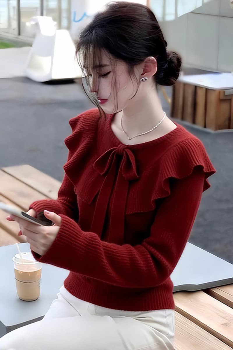 경관 그림 세련된 품격 단색 프릴 스웨터 여자 2026 봄 새로운 작은 키 미니멀리즘 니트 맨위