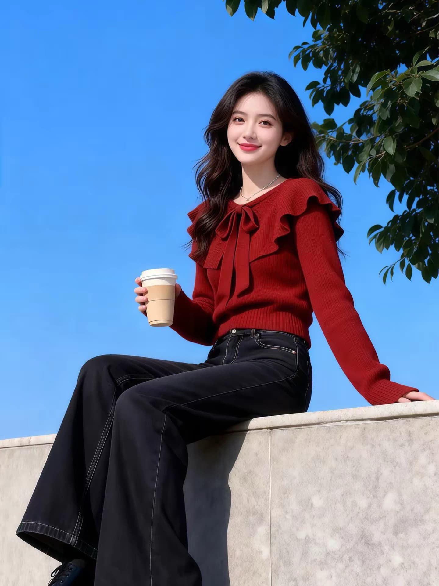경관 그림 세련된 품격 단색 프릴 스웨터 여자 2026 봄 새로운 작은 키 미니멀리즘 니트 맨위 이미지 2