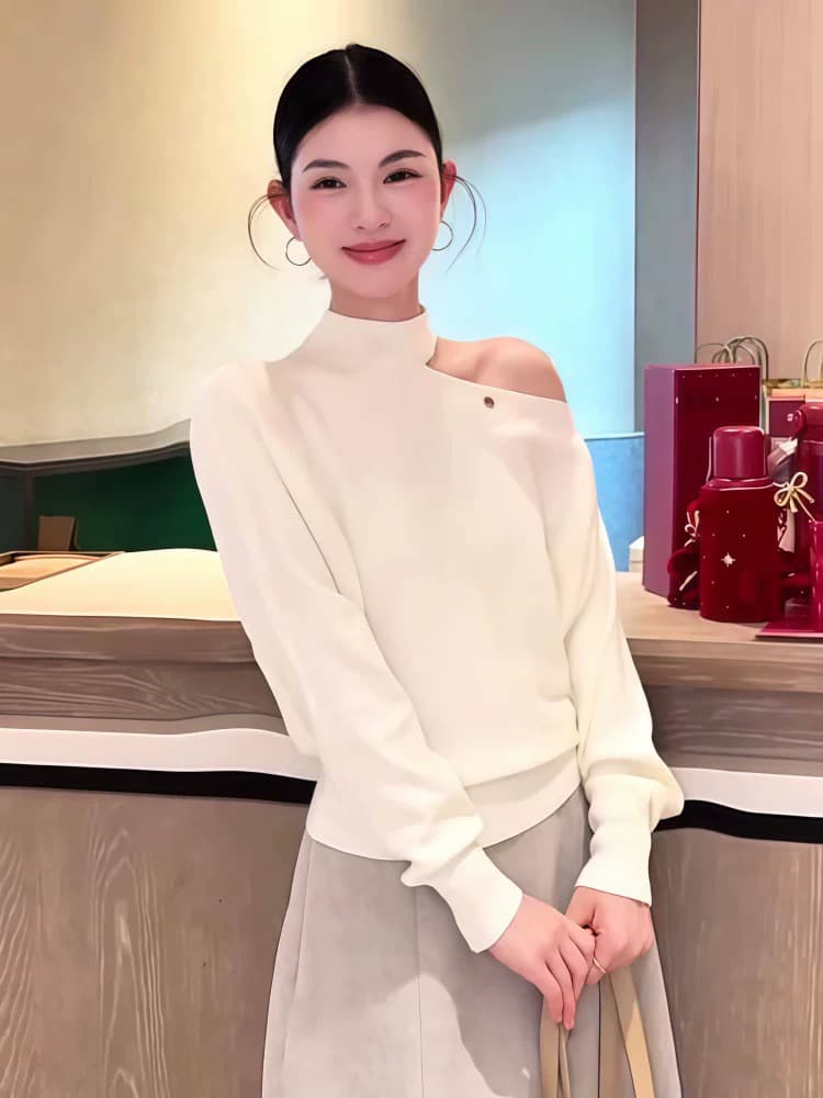 프랑스식 비스듬한 어깨 홀로우 아웃 오프숄더 긴팔 니트 스웨터 여성 가을 겨울 루즈핏 행침 목 스웨터 고유 한 아름다운 이른 가을 맨위 이미지 2