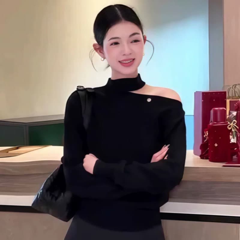 프랑스식 비스듬한 어깨 홀로우 아웃 오프숄더 긴팔 니트 스웨터 여성 가을 겨울 루즈핏 행침 목 스웨터 고유 한 아름다운 이른 가을 맨위 이미지 5