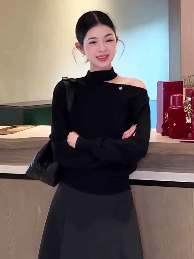 프랑스식 비스듬한 어깨 홀로우 아웃 오프숄더 긴팔 니트 스웨터 여성 가을 겨울 루즈핏 행침 목 스웨터 고유 한 아름다운 이른 가을 맨위 상세 이미지 10