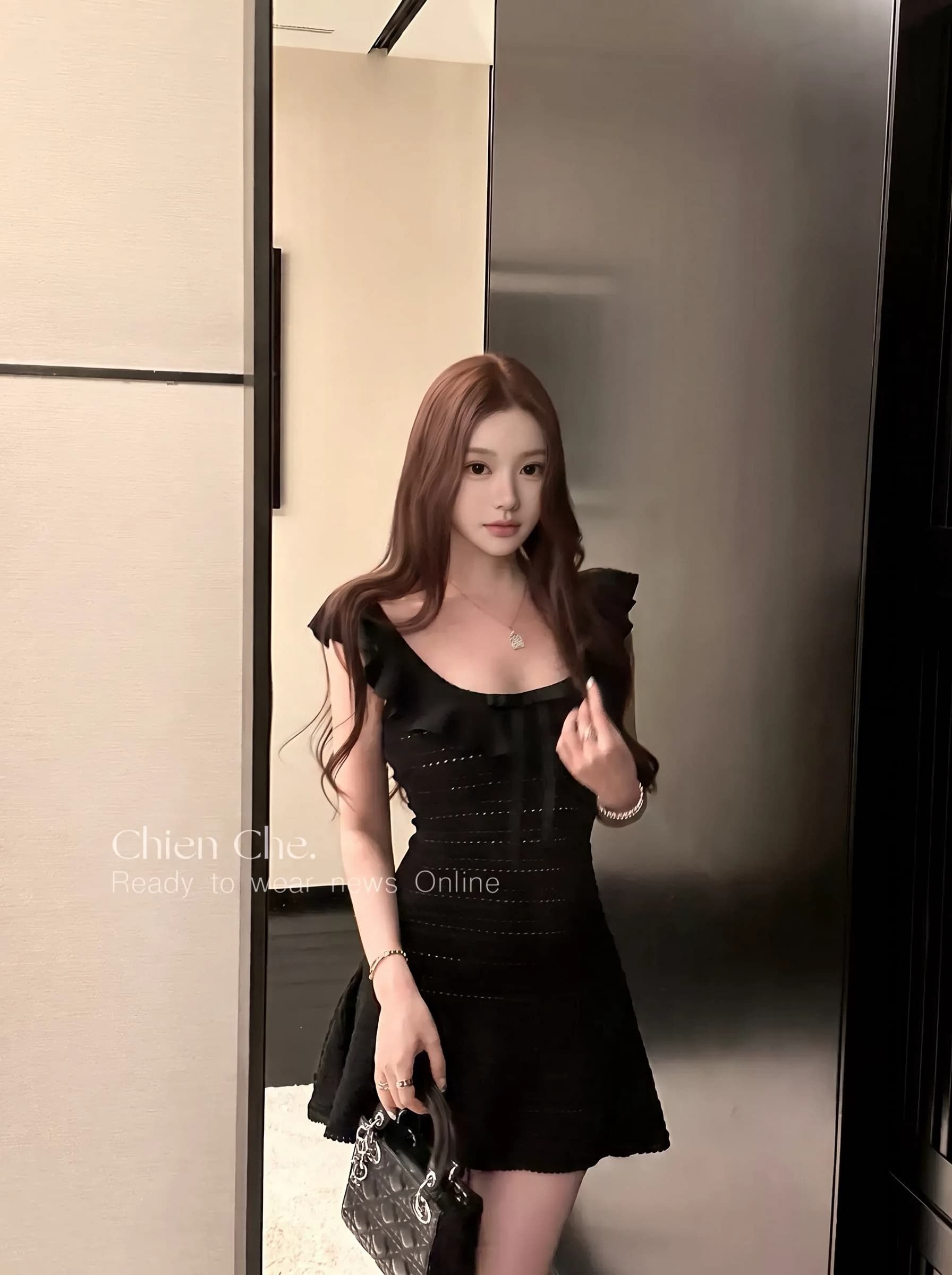 자동차 늦게 En chien 그는 벤 바람 작은 검은 드레스 여름 프릴 u 칼라 허리 수축 슬림해 보이는 니트 타이트 스커트 여성 드레스 이미지 2