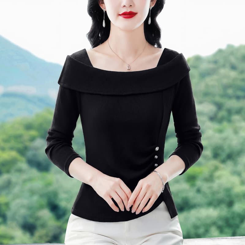 긴팔 티셔츠 여성 2026 년 새로운 봄 여성 의류 긍정적 인 어깨 불규칙 맨위 디자인 센스 긴팔 동정 이미지 3