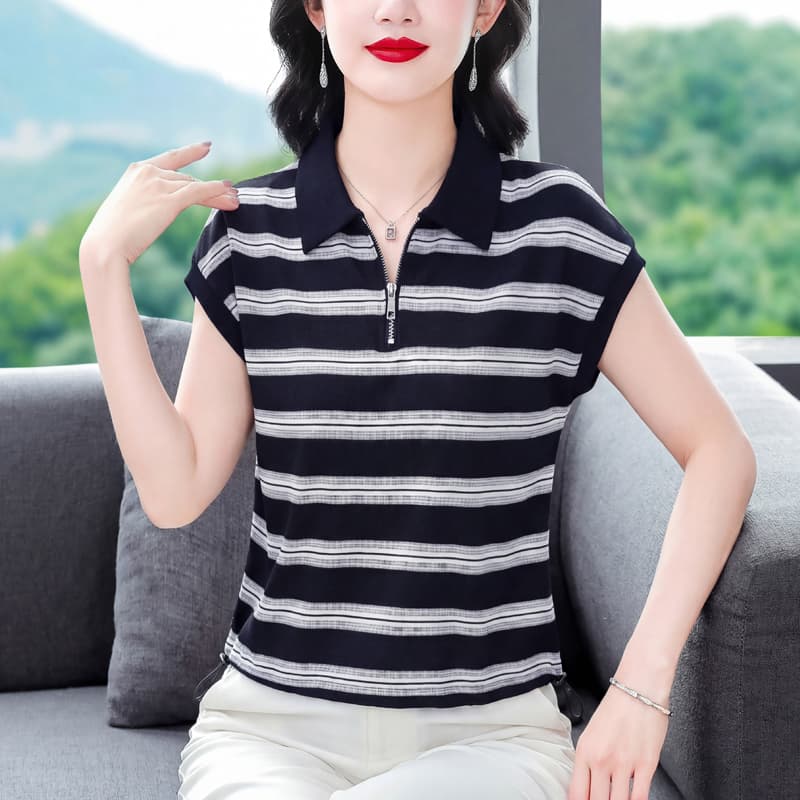 어머니 드레스 라운드 넥 외국 가스 단색 핫픽스 작은 셔츠 패션 여름 반팔 티셔츠 연령 감소 다용도 여성 셔츠 이미지 3