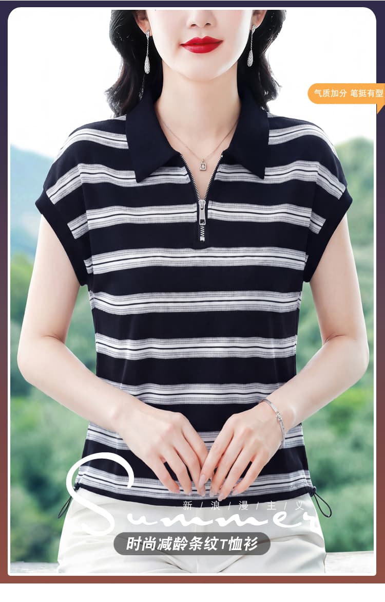 어머니 드레스 라운드 넥 외국 가스 단색 핫픽스 작은 셔츠 패션 여름 반팔 티셔츠 연령 감소 다용도 여성 셔츠 상세 이미지 1