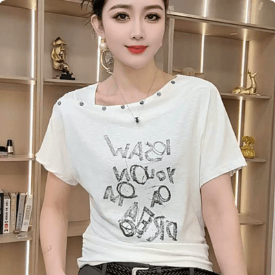 단색 비스듬한 칼라 알파벳 프린트 슬림해 보이는 몸매 가꾸기 미니멀리즘 2026 여름 새로운 여성 반팔 쇼트 스타일 티셔츠 이미지 4