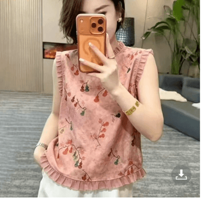 새로운 중식 국풍 프린트 민소매 여성 셔츠 여름 프릴 슬림해 보이는 외국 가스 조끼 맨위 캐주얼 루즈핏 여성 의류 상세 이미지 5