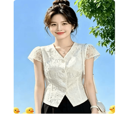 연한 자주색 망사 날다 소매 레이스 셔츠 여성 여름 새로운 싱글 줄 버튼 슬림해 보이는 작은 키 휴가 바람 쇼트 스타일 작은 셔츠 이미지 2