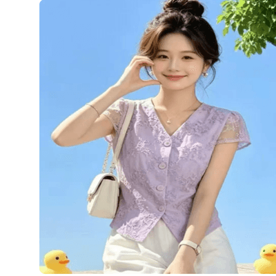 연한 자주색 망사 날다 소매 레이스 셔츠 여성 여름 새로운 싱글 줄 버튼 슬림해 보이는 작은 키 휴가 바람 쇼트 스타일 작은 셔츠 이미지 3