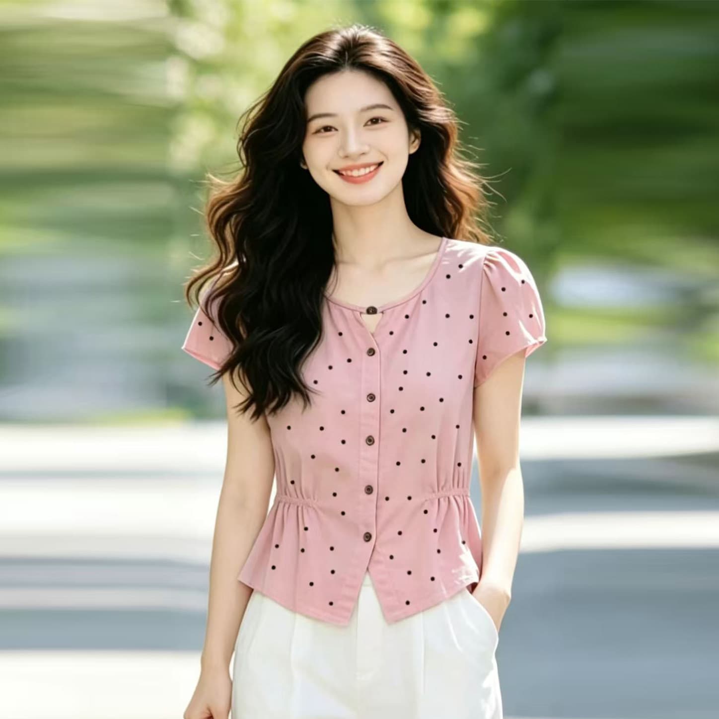 프랑스식 도트 무늬 라운드 넥 반팔 여성 셔츠 2026 여름 새로운 출퇴근 바람 연령 감소 허리 수축 슬림해 보이는 다용도 맨위 상세 이미지 6