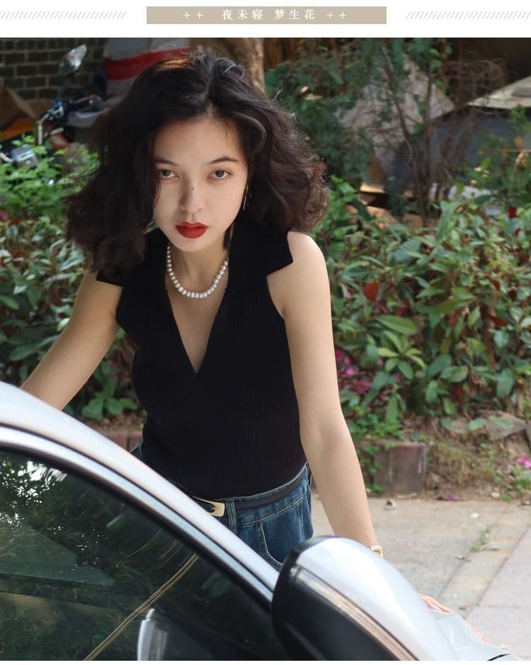 레트로 항구 바람 니트 V넥 핫걸 POLO 칼라 행침 목 캐미솔 슬림해 보이는 민소매 기본 셔츠 맨위 트렌디 상세 이미지 3