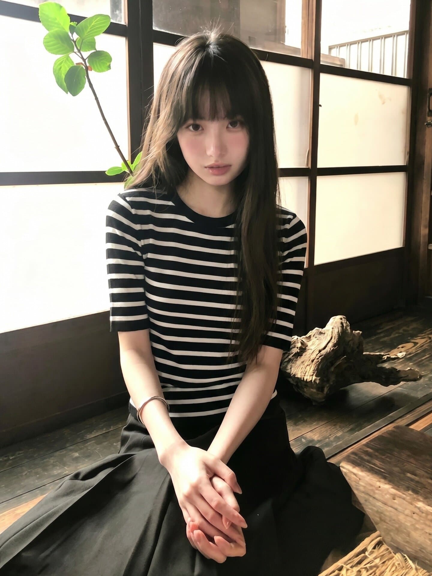흑백 줄무늬 얇은 스타일 얼음 실크 반소매 티셔츠 여성 여름 한 부서 ins 디자인 센스 고유 한 아름다운 반팔 맨위 상세 이미지 5