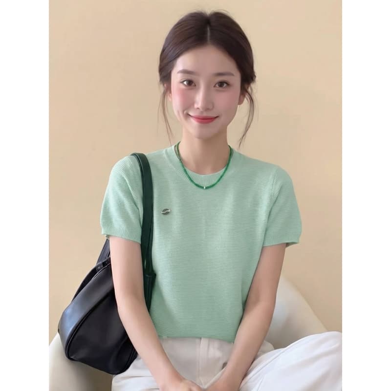 도파민 착용 가져 가라. 박하 남자 웨이브 녹색 니트 긍정적 인 어깨 반팔 티셔츠 여성 여름 한 부서 고유 한 아름다운 작은 맨위