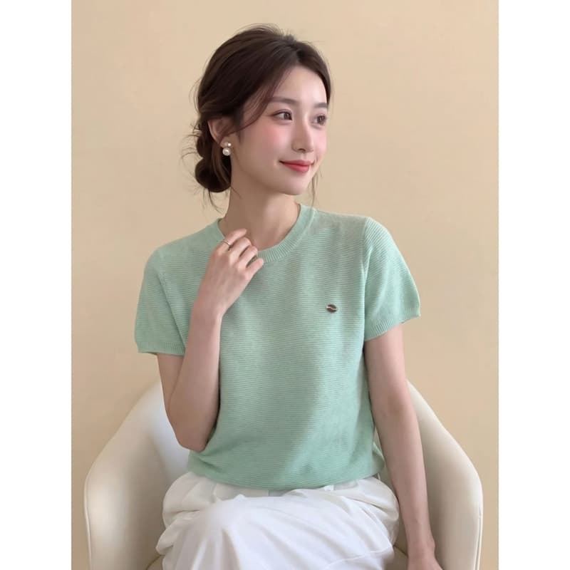 도파민 착용 가져 가라. 박하 남자 웨이브 녹색 니트 긍정적 인 어깨 반팔 티셔츠 여성 여름 한 부서 고유 한 아름다운 작은 맨위 이미지 4