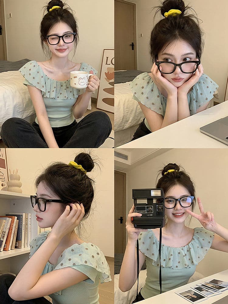 프랑스식 고급 센스 도트 무늬 프릴 오프숄더 반팔 티셔츠 여성 여름 다용도 몸매 가꾸기 슬림해 보이는 오프숄더 맨위 상세 이미지 5