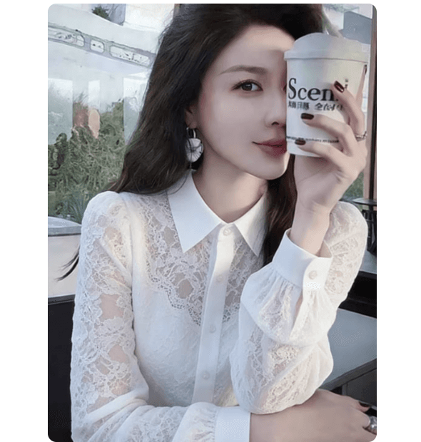 프랑스식 부드러운 바람 화이트 레이스 조각 여성 셔츠 2026 조기 봄 새로운 고유 한 고급 센스 슬림해 보이는 맨위 이미지 2