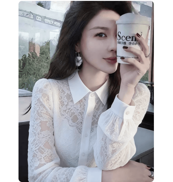 프랑스식 부드러운 바람 화이트 레이스 조각 여성 셔츠 2026 조기 봄 새로운 고유 한 고급 센스 슬림해 보이는 맨위 이미지 3