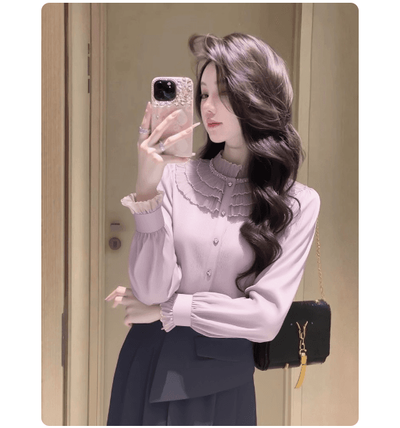 프랑스식 요정 가스 펄럭 이는 고유 한 아름다운 디자인 센스 작은 대중 스탠드 칼라 맨위 보라색 목이버섯 레이스 여성 셔츠 봄 이미지 2