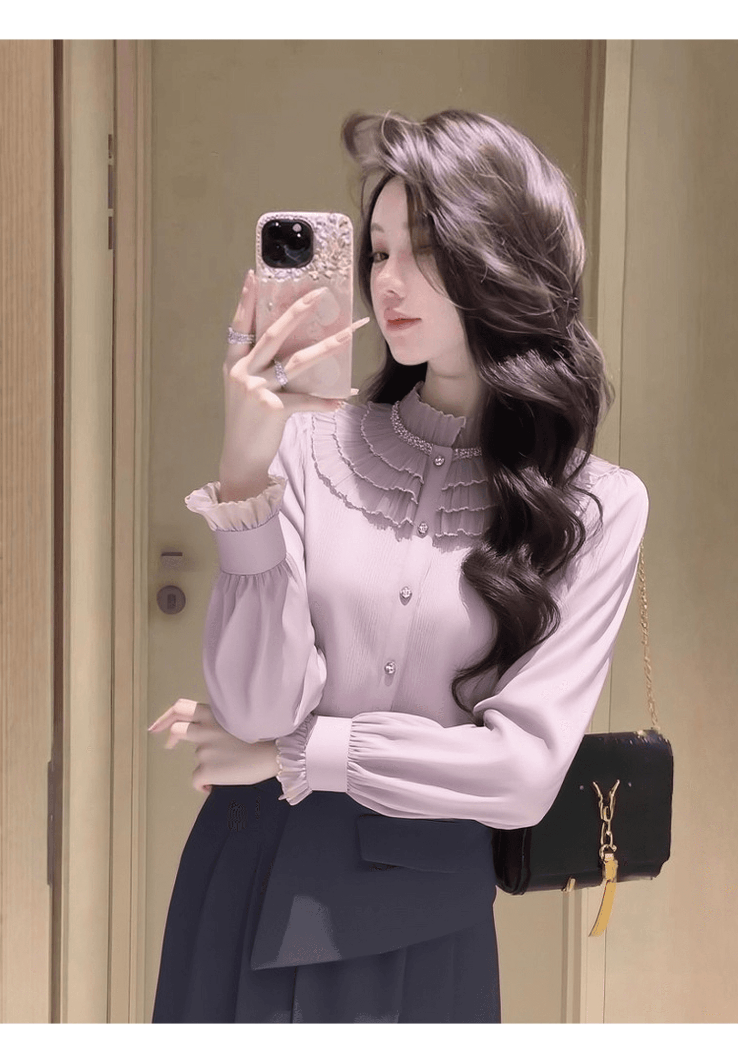프랑스식 요정 가스 펄럭 이는 고유 한 아름다운 디자인 센스 작은 대중 스탠드 칼라 맨위 보라색 목이버섯 레이스 여성 셔츠 봄 상세 이미지 5