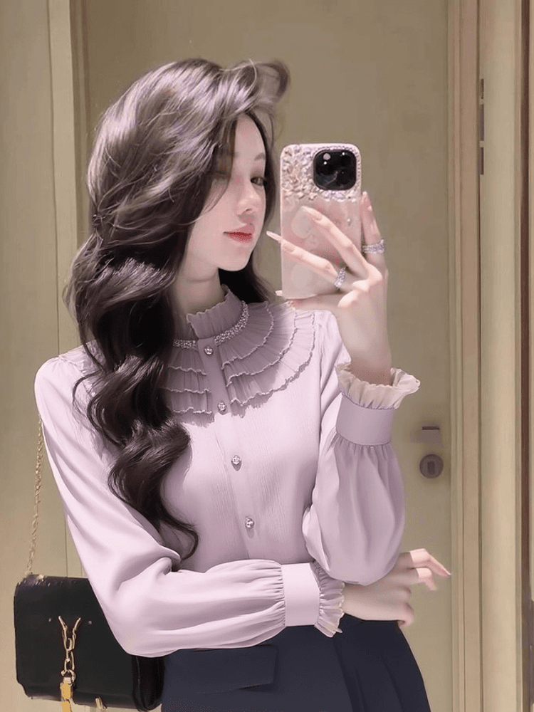 프랑스식 요정 가스 펄럭 이는 고유 한 아름다운 디자인 센스 작은 대중 스탠드 칼라 맨위 보라색 목이버섯 레이스 여성 셔츠 봄 상세 이미지 6