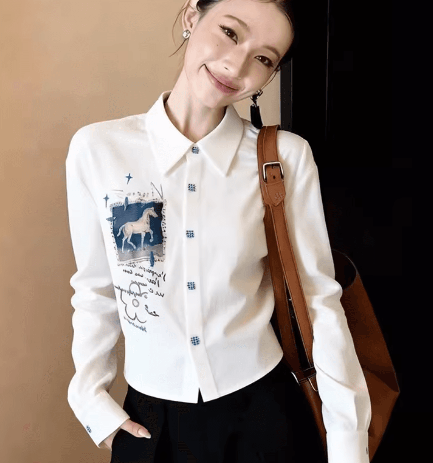 프랑스식 프린트 패치워크 POLO 칼라 화이트 긴팔 여성 셔츠 고급 디자인 센스 허리 수축 쇼트 스타일 맨위 조기 봄 상세 이미지 1