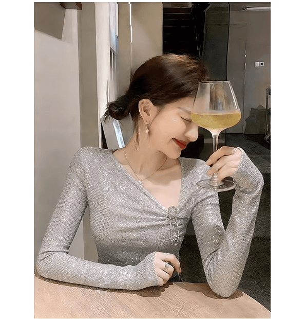 달콤한 핫걸 스팽글 슬림해 보이는 긍정적 인 어깨 기본 셔츠 여성 인사이드 가져 가라. 디자인 센스 작은 대중 회색 긴팔 티셔츠 맨위