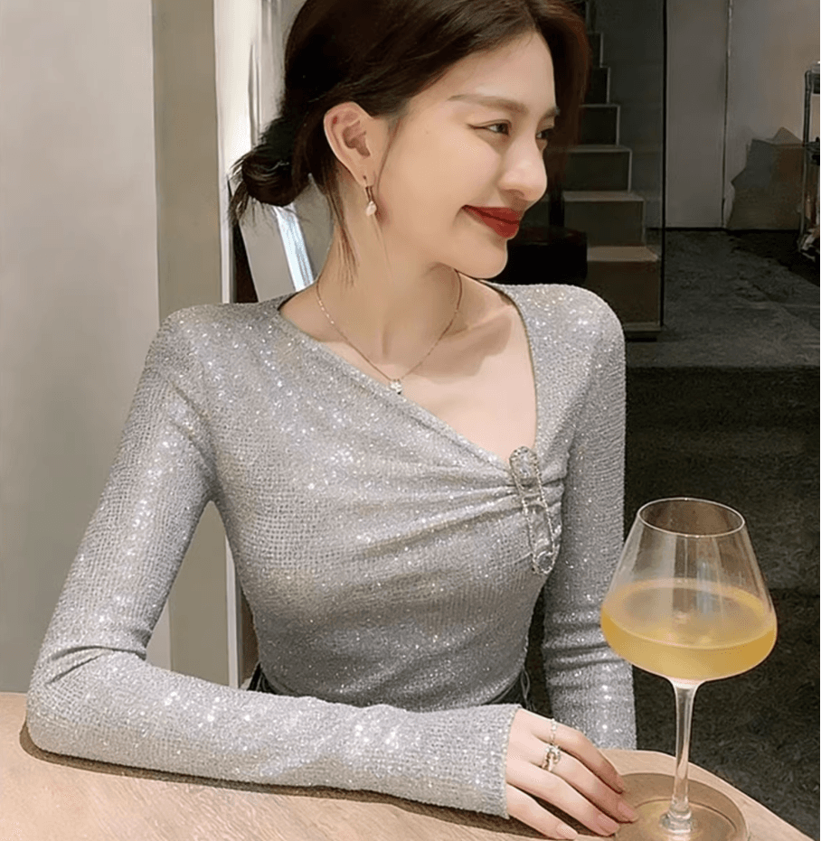 달콤한 핫걸 스팽글 슬림해 보이는 긍정적 인 어깨 기본 셔츠 여성 인사이드 가져 가라. 디자인 센스 작은 대중 회색 긴팔 티셔츠 맨위 상세 이미지 4