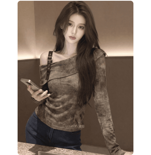 2026 봄 새로운 한 부서 레트로 홀치기 염색 비스듬한 어깨 긴팔 디자인 센스 오프숄더 허리 수축 슬림해 보이는 품격 맨위 여성 이미지 2
