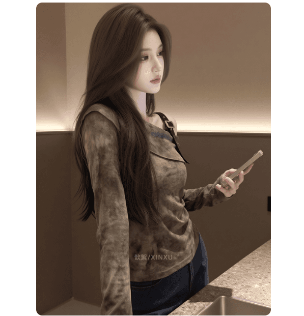 2026 봄 새로운 한 부서 레트로 홀치기 염색 비스듬한 어깨 긴팔 디자인 센스 오프숄더 허리 수축 슬림해 보이는 품격 맨위 여성 이미지 3