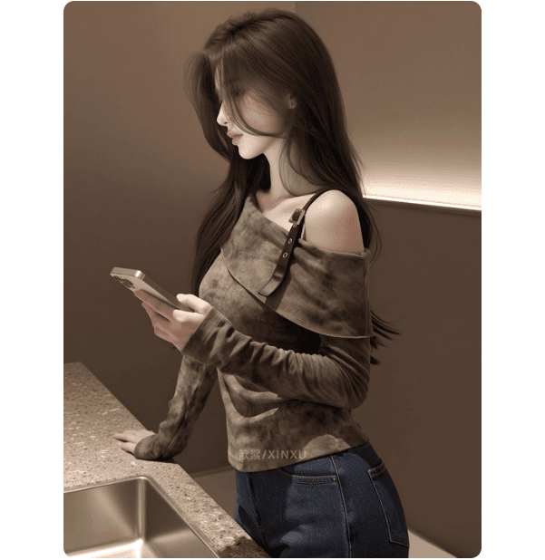 2026 봄 새로운 한 부서 레트로 홀치기 염색 비스듬한 어깨 긴팔 디자인 센스 오프숄더 허리 수축 슬림해 보이는 품격 맨위 여성 이미지 4