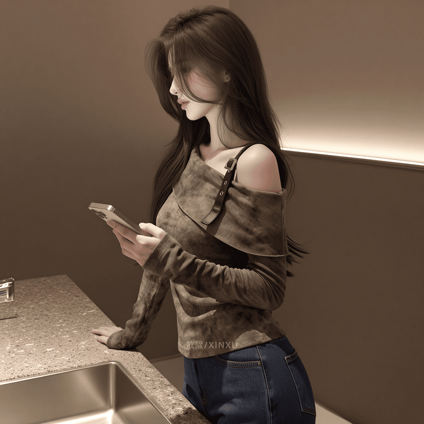 2026 봄 새로운 한 부서 레트로 홀치기 염색 비스듬한 어깨 긴팔 디자인 센스 오프숄더 허리 수축 슬림해 보이는 품격 맨위 여성 상세 이미지 2