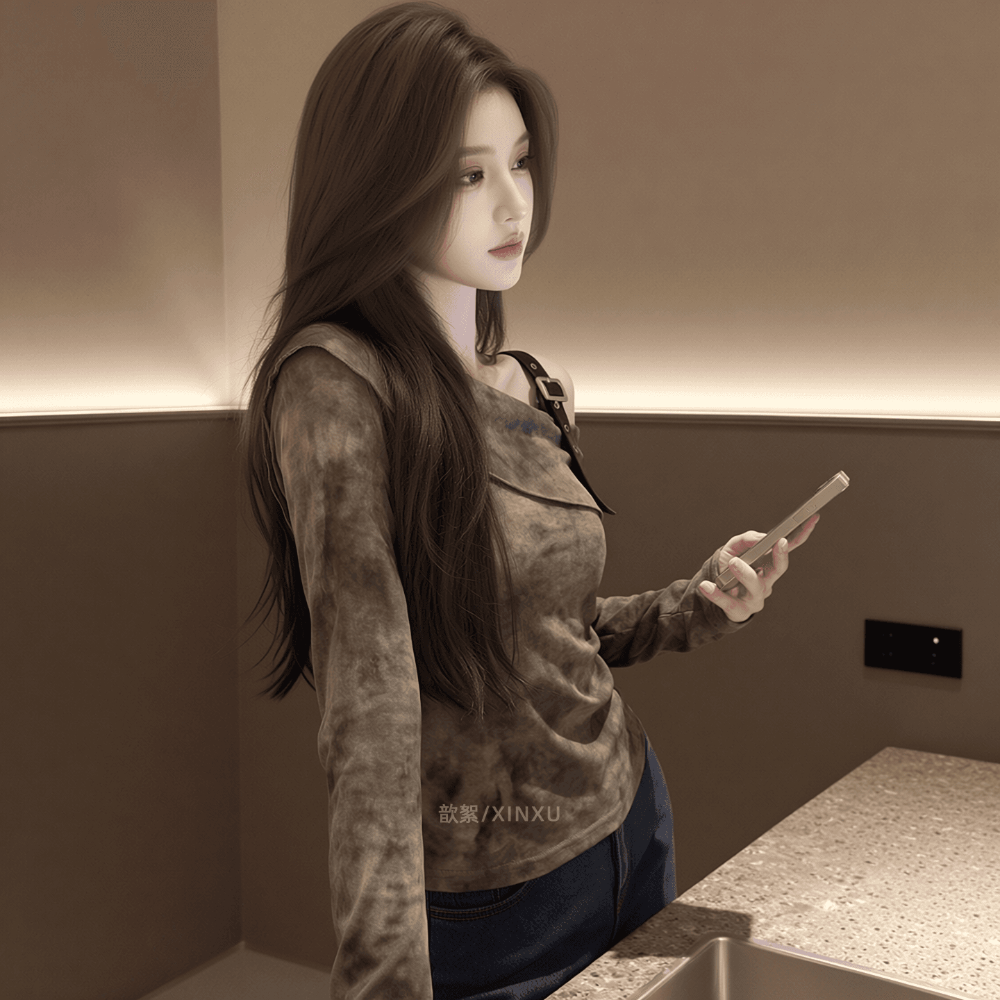 2026 봄 새로운 한 부서 레트로 홀치기 염색 비스듬한 어깨 긴팔 디자인 센스 오프숄더 허리 수축 슬림해 보이는 품격 맨위 여성 상세 이미지 6